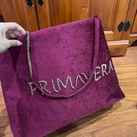 PRIMAVERA Plum Purple Maroon Sparkly Velvet Large Shoulder Tote Luxury Bag - Picture 2 of 4